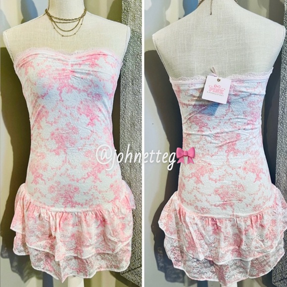 🎀PINK x LoveShackFancy Strapless Lace Mini Dress Ruffles Charlamagne Harbor Pink - Picture 5 of 14